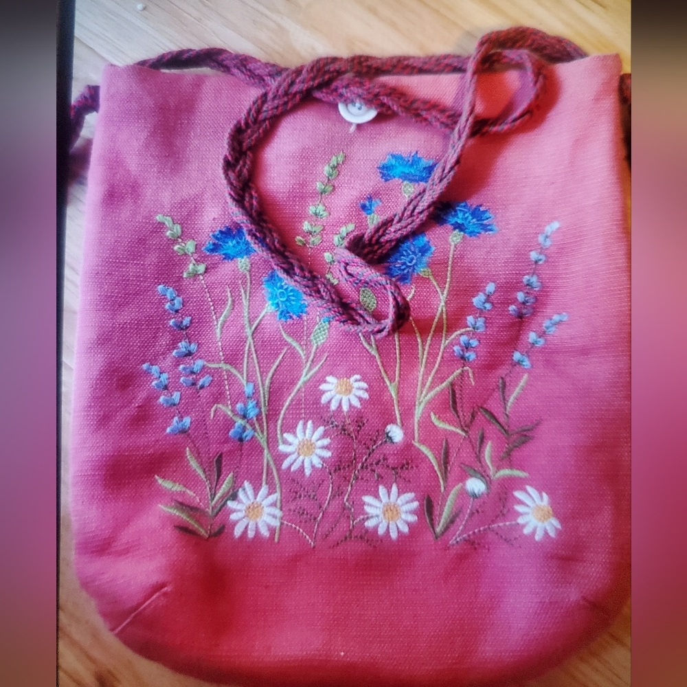 Red large fabric embroidered crossbody  bag, flex linen, cotton
